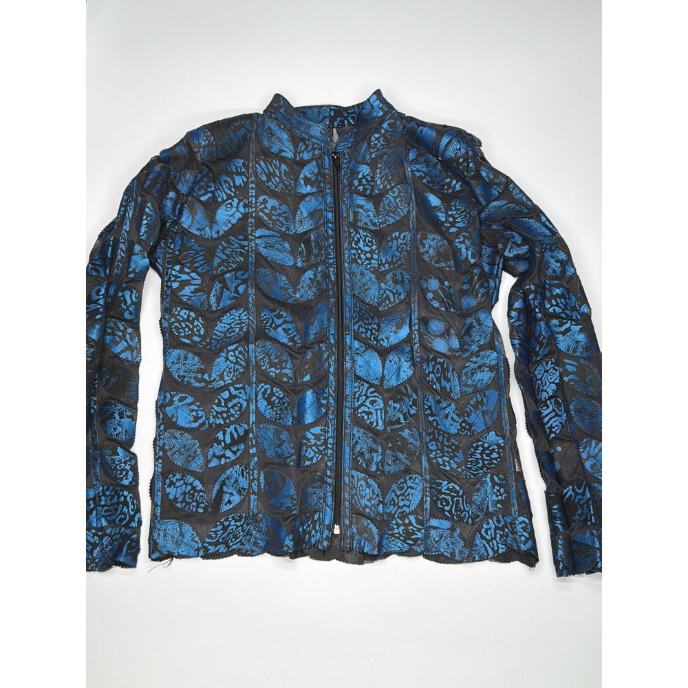 Blue Spotted Black Leather Coat Woman Jacket‎ Zipper Short Lambskin medium